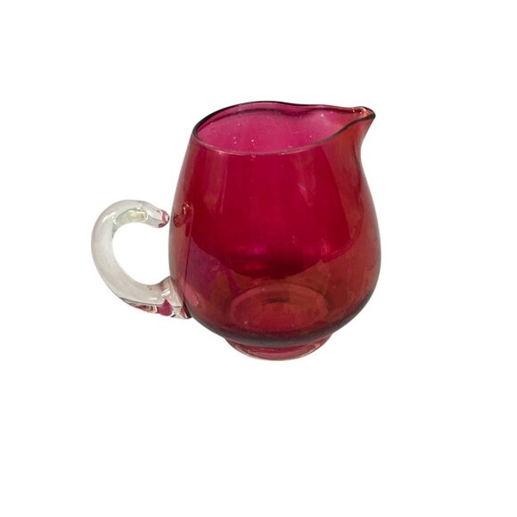 Cranberry Ruby Red Handblown Glass Creamer Pilgrim Glass Clear Handle - Picture 2 of 9